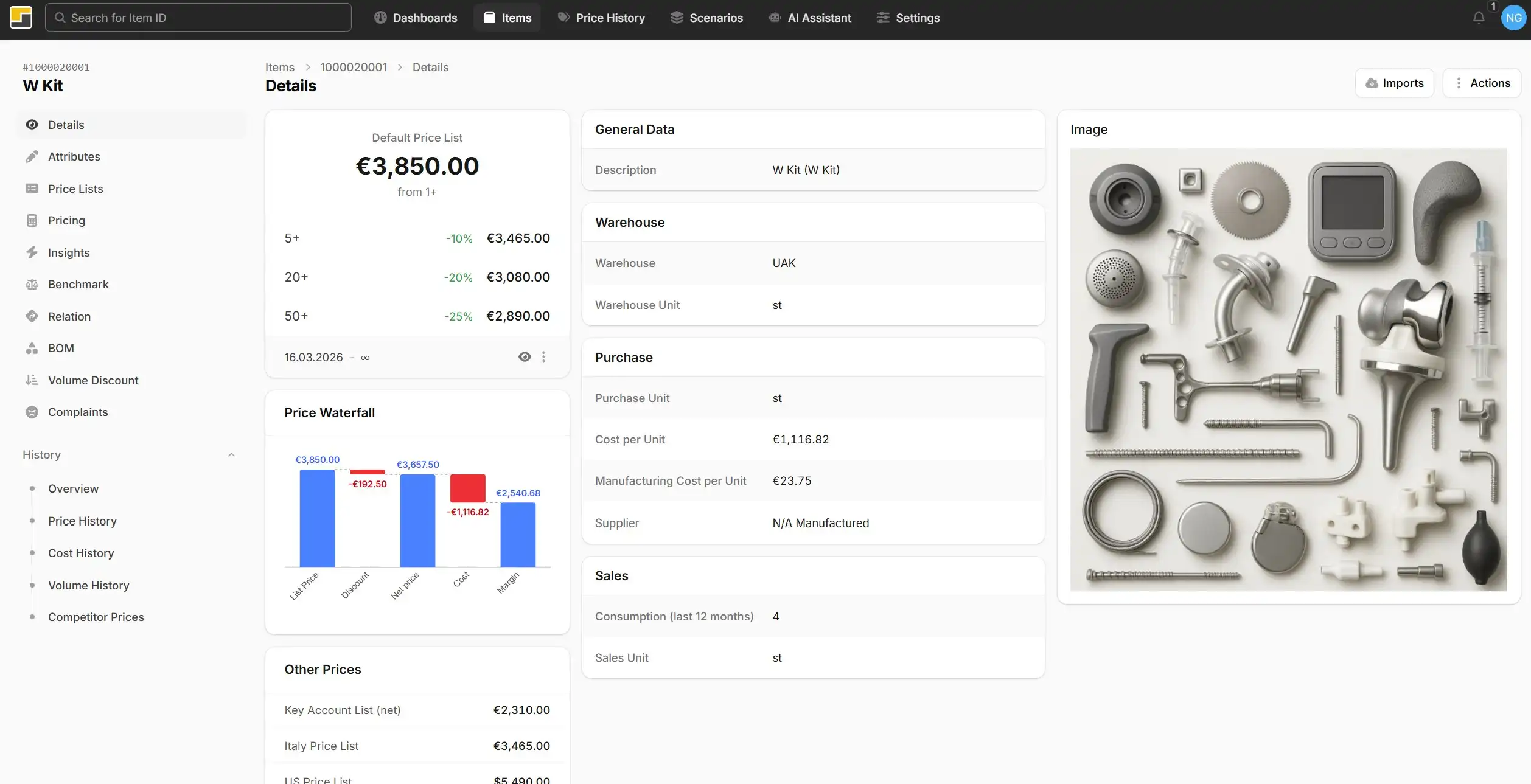 Stammdatensicht mit allen preisrelevanten Informationen zu einem Artikel