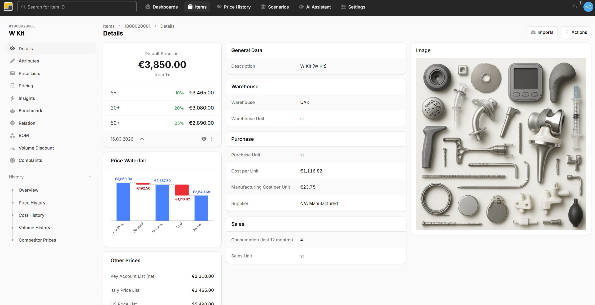 Stammdatensicht mit allen preisrelevanten Informationen zu einem Artikel
